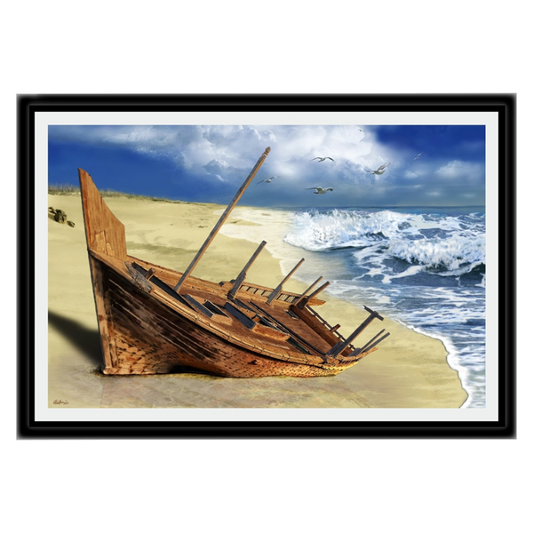 A digital drawing of abandoned dhow on the beach.  لوحة رقمية لسفينة خشبية مهجورة على شاطئ البحر